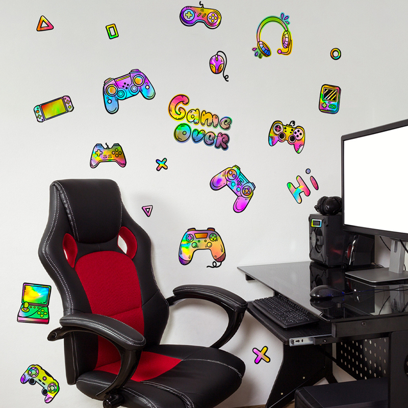 Gaming Console Game Zone - レーザー素材カラーグラデーションゲームコンソールビニールウォールステッカー、子供部屋、男の子の寝室、ゲームゲーマーゾーンの装飾に