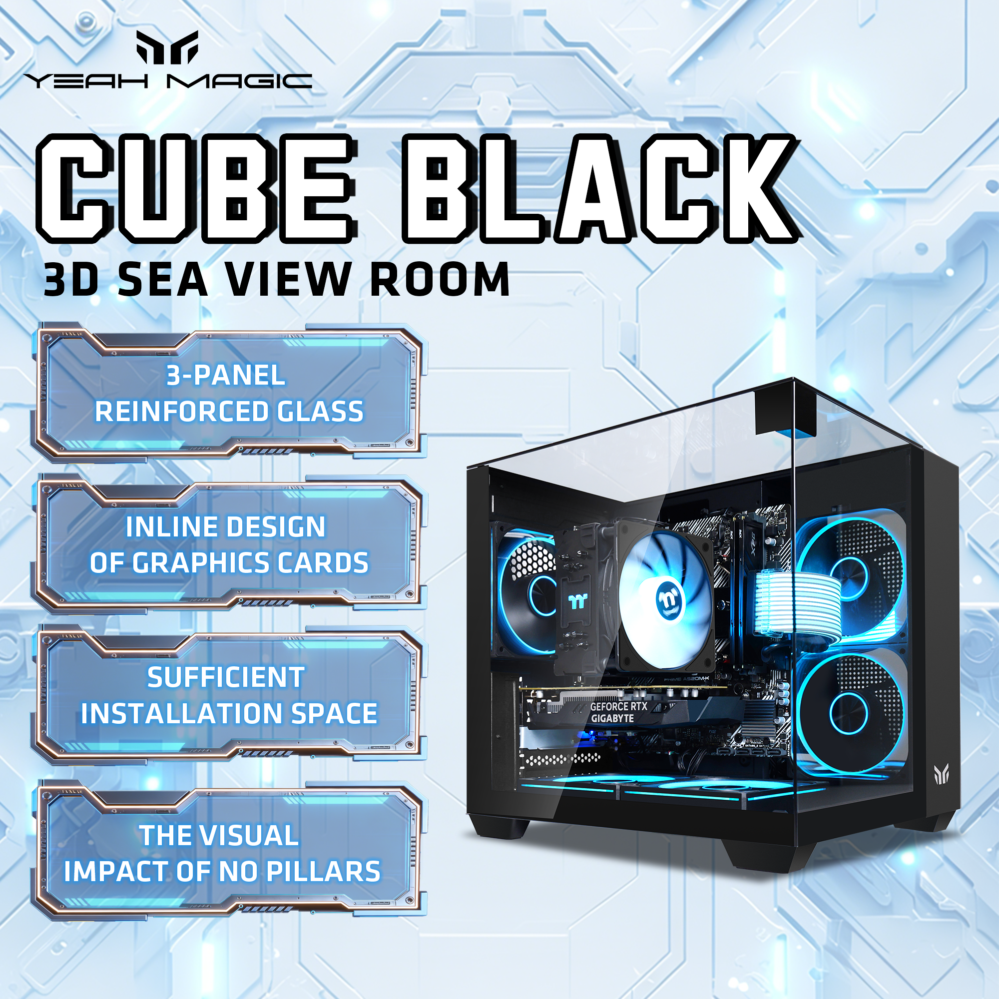 Gaming Console Cube - マジックキューブMATXハイスタイルケース、三面ガラスサイドビュー、シービューパノラマ、ゲーミング＆ビジネスコンピューターケース