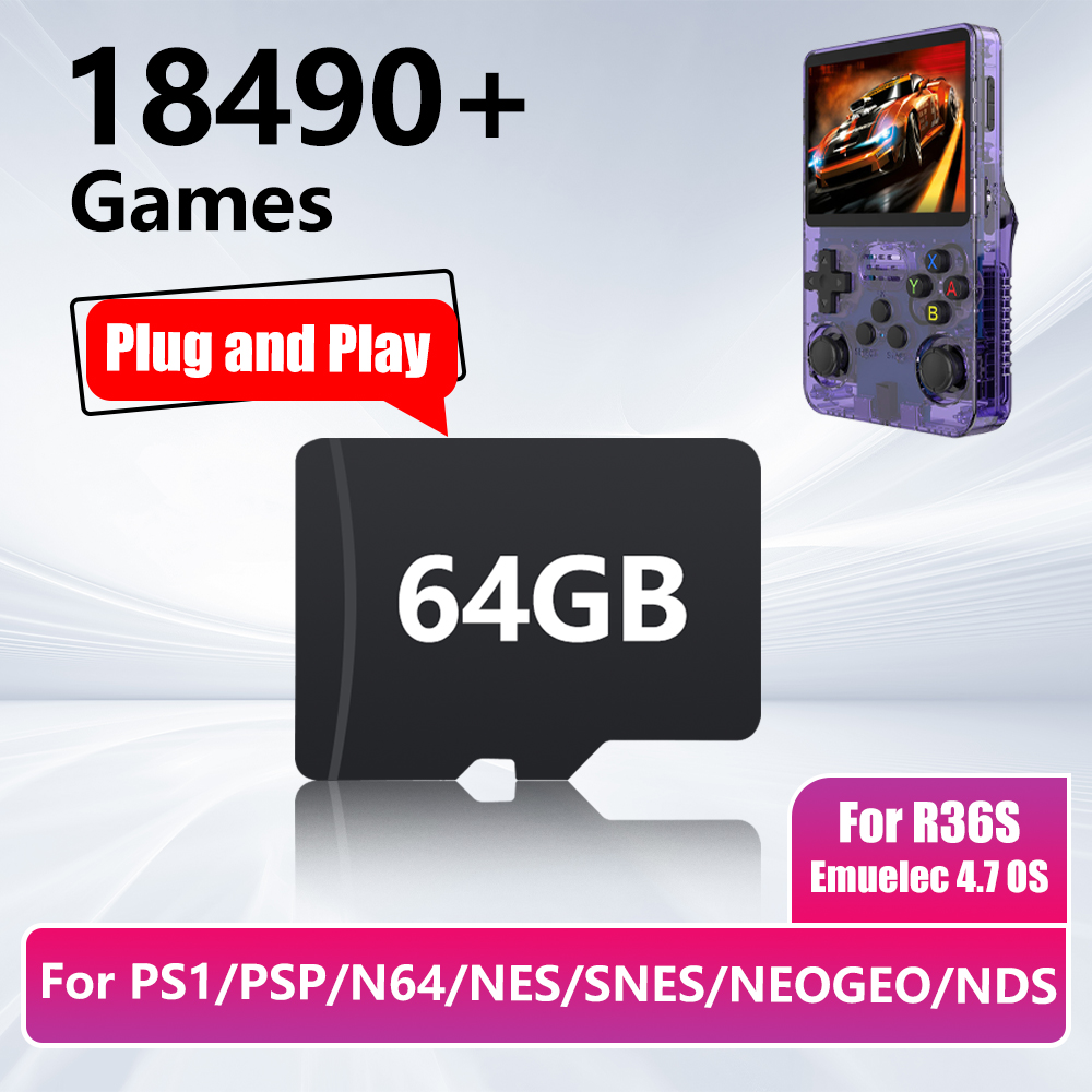 Gaming Console R36S - R36Sゲーム機用64GBゲームカード、18490以上のゲームと26種類のエミュレーター搭載（PS1/PSP/N64/NES/SNES/NEOGEO/NDS Emuelec 4.7対応）、プラグアンドプレイ