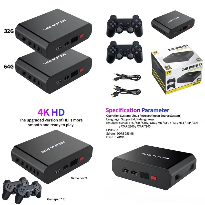 Gaming Console With - M8plus HDビデオゲームコンソールボックス 2.4GデュアルワイヤレスコントローラーゲームパッドTV 32G/64G 10000シミュレーターゲームプレーヤーセットアクセサリー