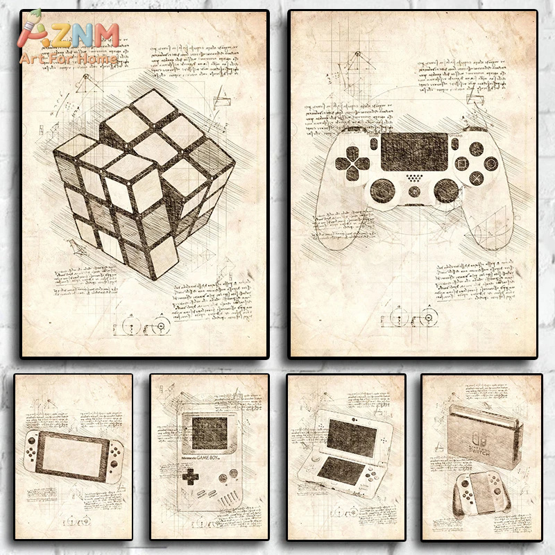 Gaming Console Cube - AZNM ヴィンテージ ブループリント ゲーミング キャンバス ウォールアート
