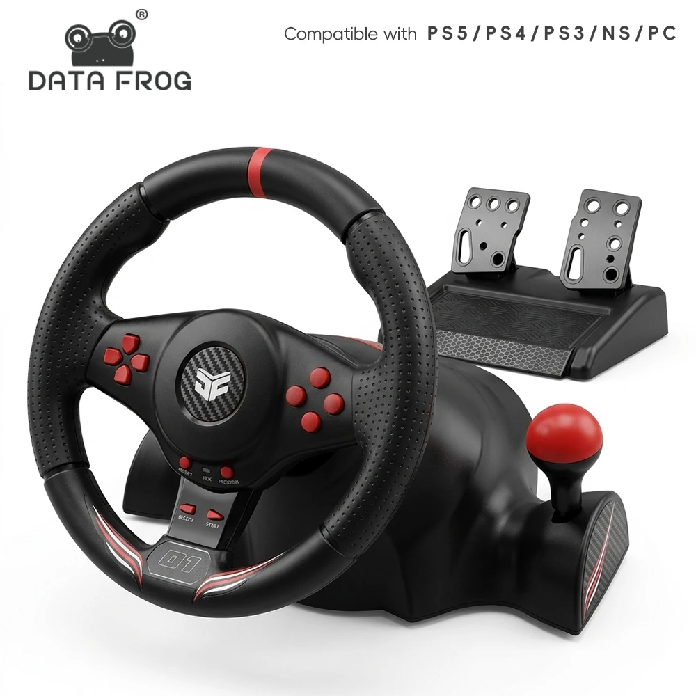 Steering Wheel Gaming - データフロッグ 270度ゲーミングレーシングホイール デュアルバイブレーションステアリングホイール シフター付き リニアブレーキペダル PS5