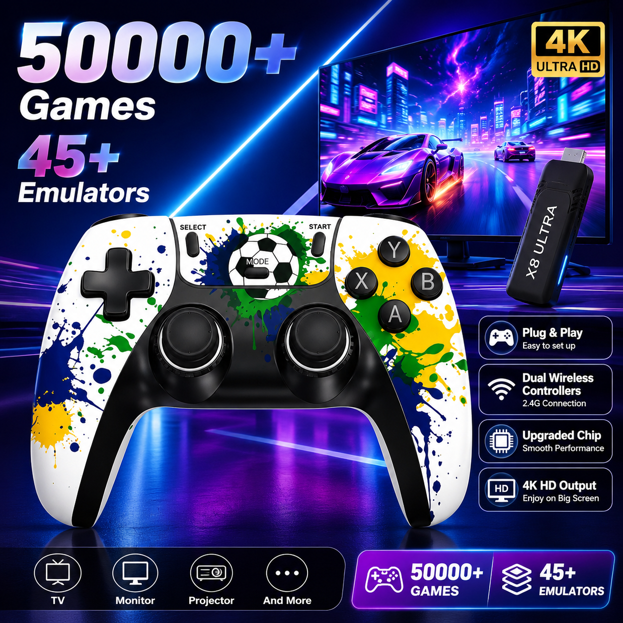 Gaming Console Retro Handheld - X8 Ultra フットボールカスタムゲームスティック4K HDMIレトロゲームコンソール プラグアンドプレイ 内蔵50000+クラシックゲーム