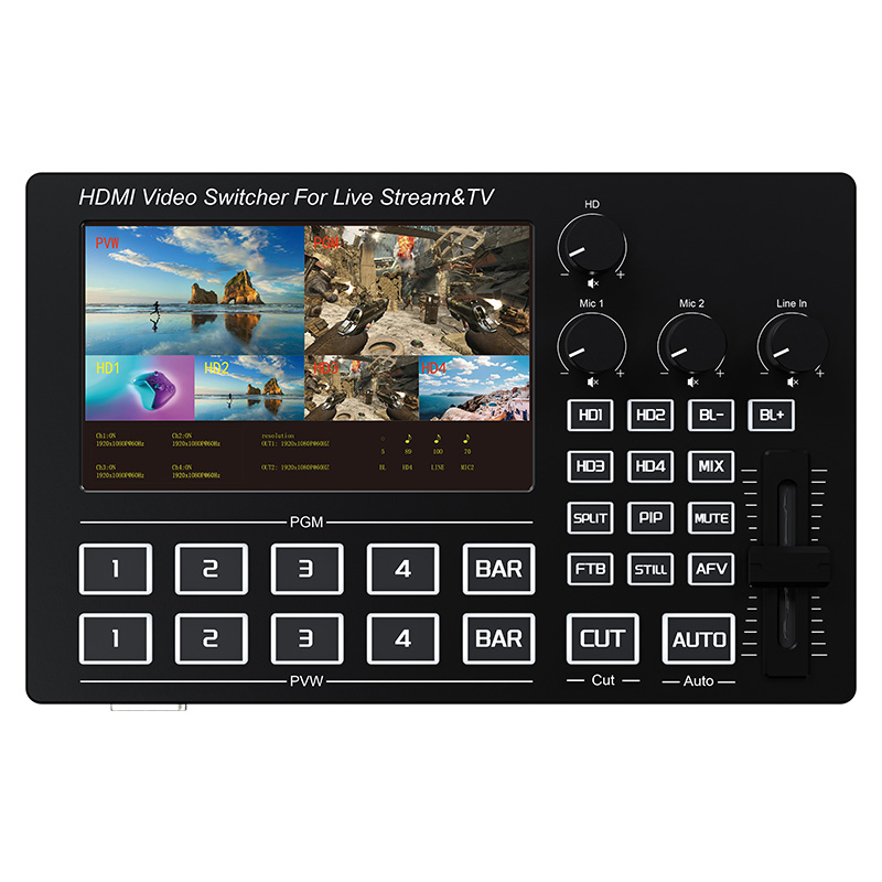Gaming Console With - 1080P 4チャンネルHDMIライブストリーミングビデオミキサー、5インチスクリーン、マイクライン入力、オーディオミキシング機能付きライブ放送ビデオスイッチャー