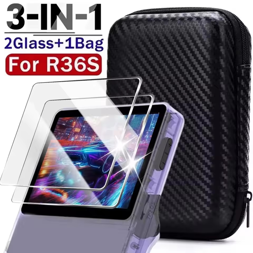 R36Sゲーム機用3in1キャリング収納ケース、強化ガラスス - Gaming Console R36S のレビューと価格